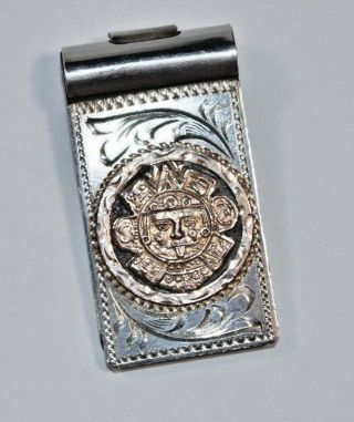 Stunning Vintage Mexico Sterling Silver & 10k Aztec Mayan Tribal Money Clip