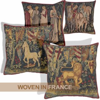 French Tapestry Throw Pillow Cover 18x18 Unicorn Lion Morris Medieval Woven