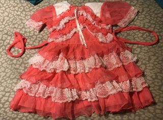 Martha’s Miniature’s Dress Size 6 Pink White Ruffles Dress Pink Heart Buttons