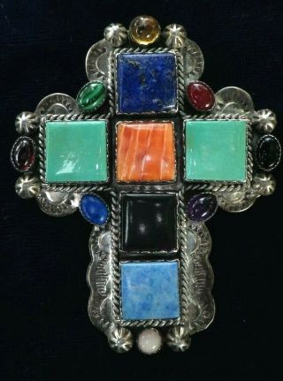 Vintage Joan Slifka Designs Sterling Silver & Gemstones Cross Pendant; Marked