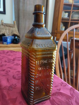 Vintage Antique 1880 H.  P.  Herb Wild Cherry Bitters Bottle Amber Glass Cabin 10 "