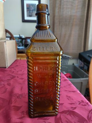 Vintage Antique 1880 H.  P.  Herb Wild Cherry Bitters Bottle Amber Glass Cabin 10 