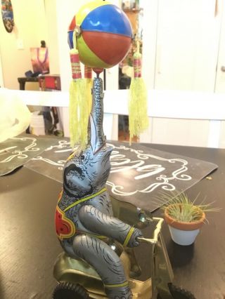 Vintage Toy Circus Elephant On Bicycle With Ball & Tassels Wind Up Great