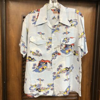 Vintage 1940’s Atomic Tropical Pattern Silky Rayon Hawaiian Shirt - M