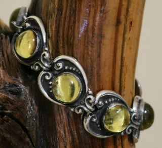 Pre - 1948 Taxco Mexico Silver Yellow Glass Max Art Deco Repousse Bracelet 7.  5 In