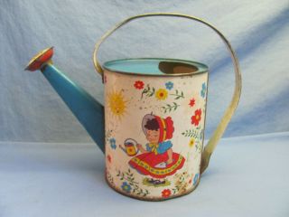 Vintage Ohio Art Tin Litho Watering Can Boy And Girl Watering Flowers