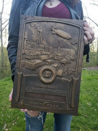 Antique Goodyear Award Solid Bronze Plaque 1930s Sign Blimp Zeppelin Auto