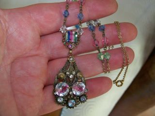 Vintage Jewelery Art Deco Watermelon Rainbow Iris Glass Bead Lavaliere Necklace