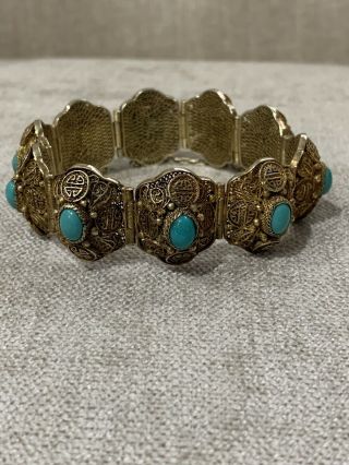 Vintage Ornate Chinese Silver Vermeil And Turquoise Bracelet.