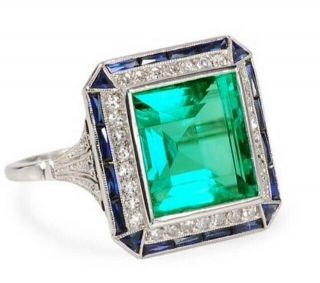 Art Deco Vintage 3.  20 Ct Green Emerald Cut Engagement Ring 925 Silver