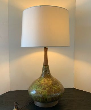 Vintage MCM DRIP GLAZE Hand Thrown Pottery W Teak Table Lamp 1960’s Mid Century 2