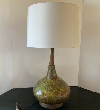 Vintage MCM DRIP GLAZE Hand Thrown Pottery W Teak Table Lamp 1960’s Mid Century 3