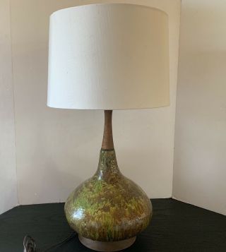 Vintage MCM DRIP GLAZE Hand Thrown Pottery W Teak Table Lamp 1960’s Mid Century 4