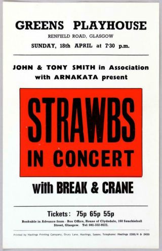Strawbs - Rare Vintage Greens Playhouse,  Glasgow 1971 Concert Handbill