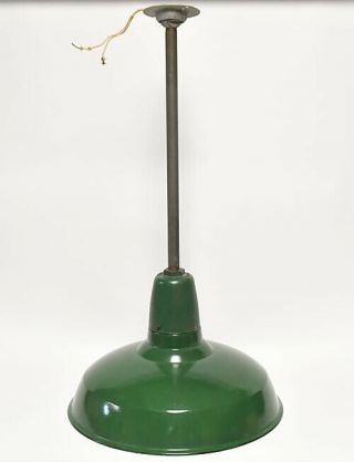 Vintage Large Industral Goodrich Green Metal Porcelain Barn Lamp Shade With Arm