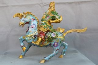 China Cloisonne Enamel Bronze Guan Gong Yu Warrior God Dragon Knife Horse Statue
