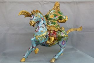 China Cloisonne Enamel Bronze Guan Gong Yu Warrior God Dragon Knife Horse Statue 2