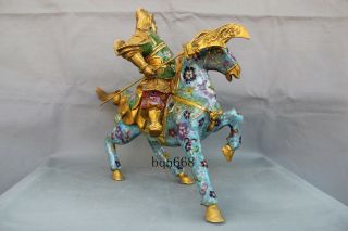 China Cloisonne Enamel Bronze Guan Gong Yu Warrior God Dragon Knife Horse Statue 4
