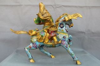 China Cloisonne Enamel Bronze Guan Gong Yu Warrior God Dragon Knife Horse Statue 5
