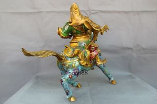 China Cloisonne Enamel Bronze Guan Gong Yu Warrior God Dragon Knife Horse Statue 6