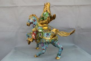 China Cloisonne Enamel Bronze Guan Gong Yu Warrior God Dragon Knife Horse Statue 7