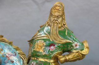 China Cloisonne Enamel Bronze Guan Gong Yu Warrior God Dragon Knife Horse Statue 8