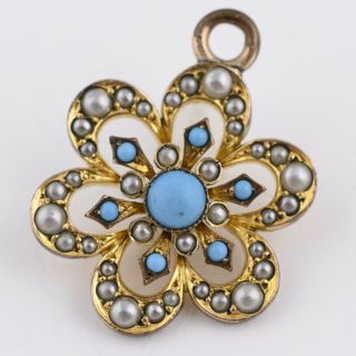 Antique Victorian Edwardian 10k Gold Filled Gf Turquoise Seed Pearl Pendant