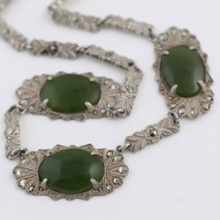 Vtg Art Deco Sterling Silver Nephrite Jade Marcasite Necklace