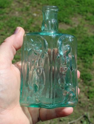 Antique 19thc Open Pontil Hand Blown Glass,  Dancing Indian Cologne Bottle,  Nr