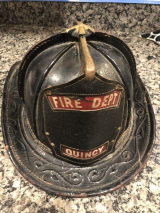 Vintage Cairns Fire Helmet Front Shield=quincy Fire Dept.