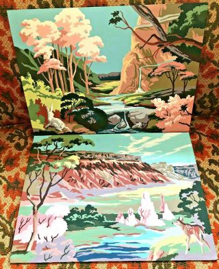 Vintage 2 Paint By Number Landscape Pictures Completed Art Mid Century 12x16 Pbn