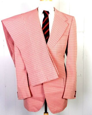 Vtg 60s 70s La Santa Maria Red Geometric Textured Polyester 2 Pc Suit Spain 44 L