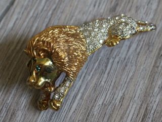 Vintage Unsigned Lion Rhinestone Gold & Silver Tone Shoulder Brooch Pave Pin