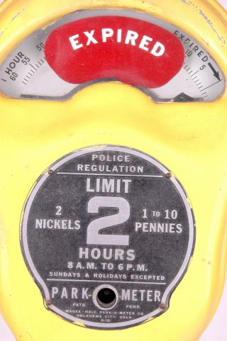 PARK - O - METER - Yellow - A 18 - Oklahoma City Magee Hale - 2 Hours - Police Regulation - Vtg 3