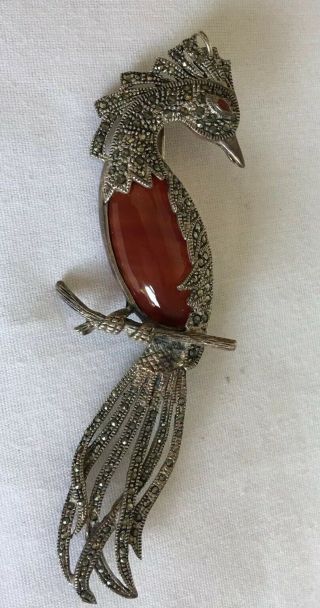 Vintage Sterling Silver 925 Marcasite Amber Peacock Brooch Pendant