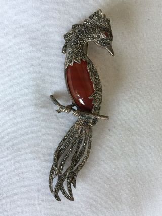 Vintage Sterling Silver 925 Marcasite Amber Peacock Brooch Pendant 4