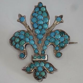 Antique Victorian Sterling Silver Persian Turquoise Fleur De Lis Brooch