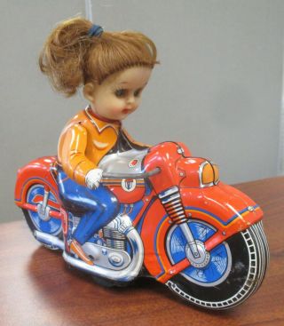 Vintage Haji Japan Tin Litho Friction Girl Riding Motorcycle Biker Toy