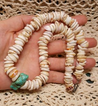 Vintage Hawaiian Puka Shell And Turquoise Necklace Large 94gr Surfer Necklace