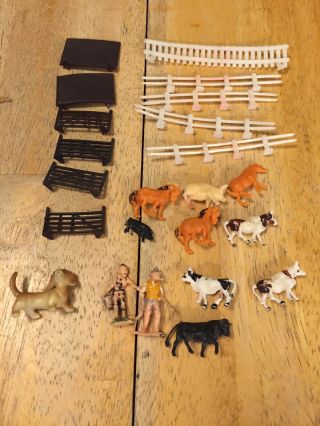 Vintage Hong Kong Plastic Farm Toys Farmers Fences Animals Cows Pigs Horses