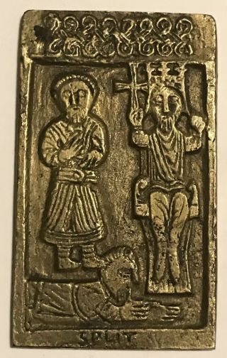 Unusual Vintage Russian? Orthodox Bronze Icon Engraved W/word “split” 3”x 1 - 3/4”