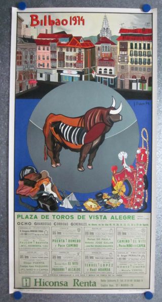 Toros Vintage Spanish Bullfighting Poster Lithograph August 1974 Bilbao,  Spain