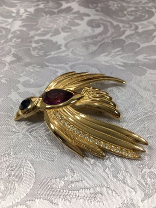 Rare Vintage Christian Dior Gold Crystal Rhinestone Bird In Flight Pin Brooch