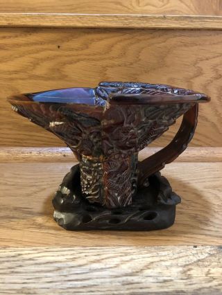 Chinese Buffalo Horn Libation Cup Carving Ritual Vessel Statue On Wooden Stand
