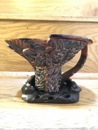 Chinese Buffalo Horn Libation Cup Carving Ritual Vessel Statue On Wooden Stand 2