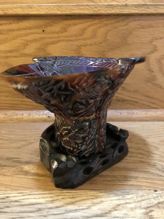 Chinese Buffalo Horn Libation Cup Carving Ritual Vessel Statue On Wooden Stand 3