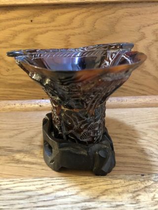 Chinese Buffalo Horn Libation Cup Carving Ritual Vessel Statue On Wooden Stand 4