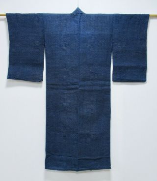 Japanese Hemp Cloth Antique Kimono / Vintage Fine Indigo Blue /438