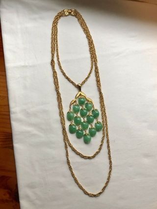 Rare Vtg 16 " Crown Trifari Gold Tone Jade Green Lucite Bead Waterfall Necklace