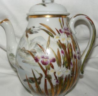 Signed Vintage Japanese Porcelain Hand Painted Coffee Pot Iris Crane Decoration